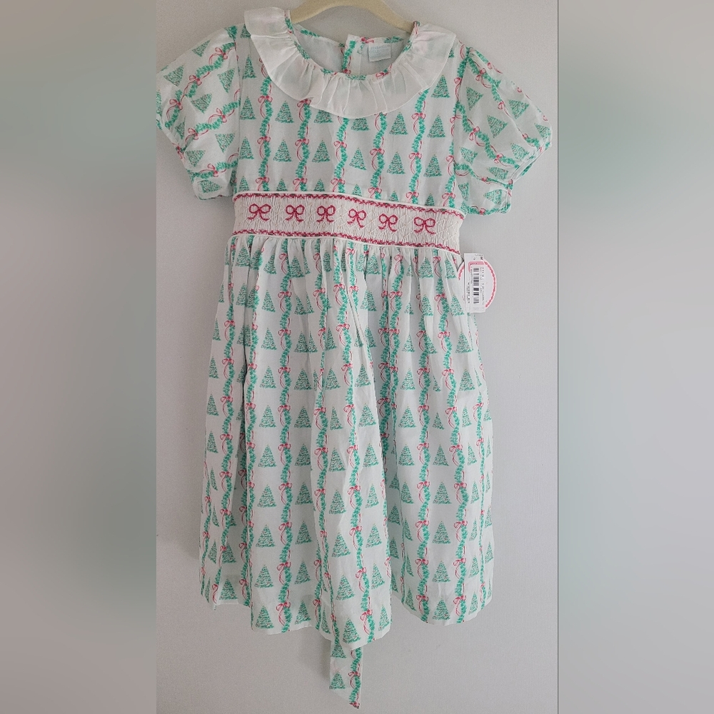 Edgehill Collection Pearly Gates Christmas Trees & Bows Smocked Girls Dress.sz6